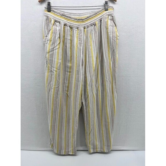Land n' sea Pants - Land‎ n' Sea Women's 3X Linen Crop Pants Striped Tan/Yellow Lagenlook